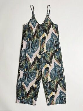 FANTASLOOK Leaf Print Cropped Jumpsuit, Women’s S, Teal Green